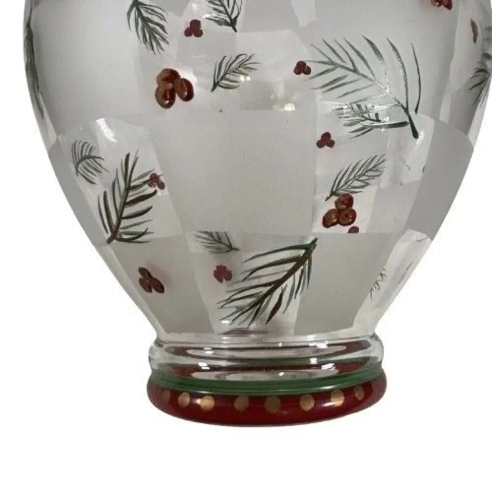 LG Glass Holly Berry & Pinecones Vase Hand Painted VTG Winter Holiday Christmas